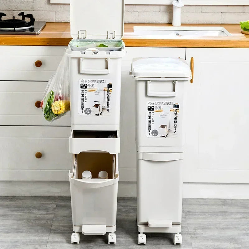 Double Partition Dry and Wet Separation Trash Can with Wheels