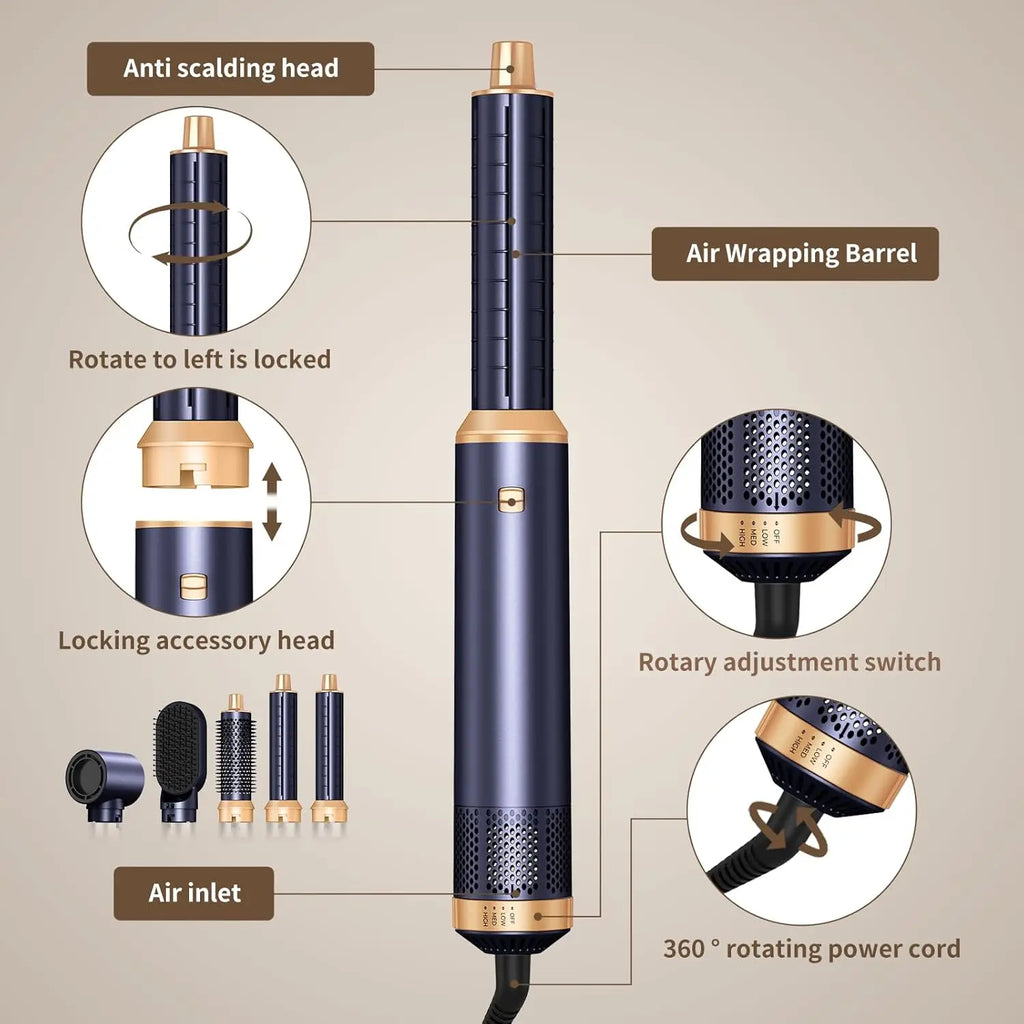 5-in-1 Hair Dryer Brush Negative Ion Air Styler Curler Set