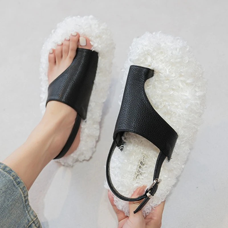 Women's Fluffy Clip Toe Back Strap Slippers with Buckle