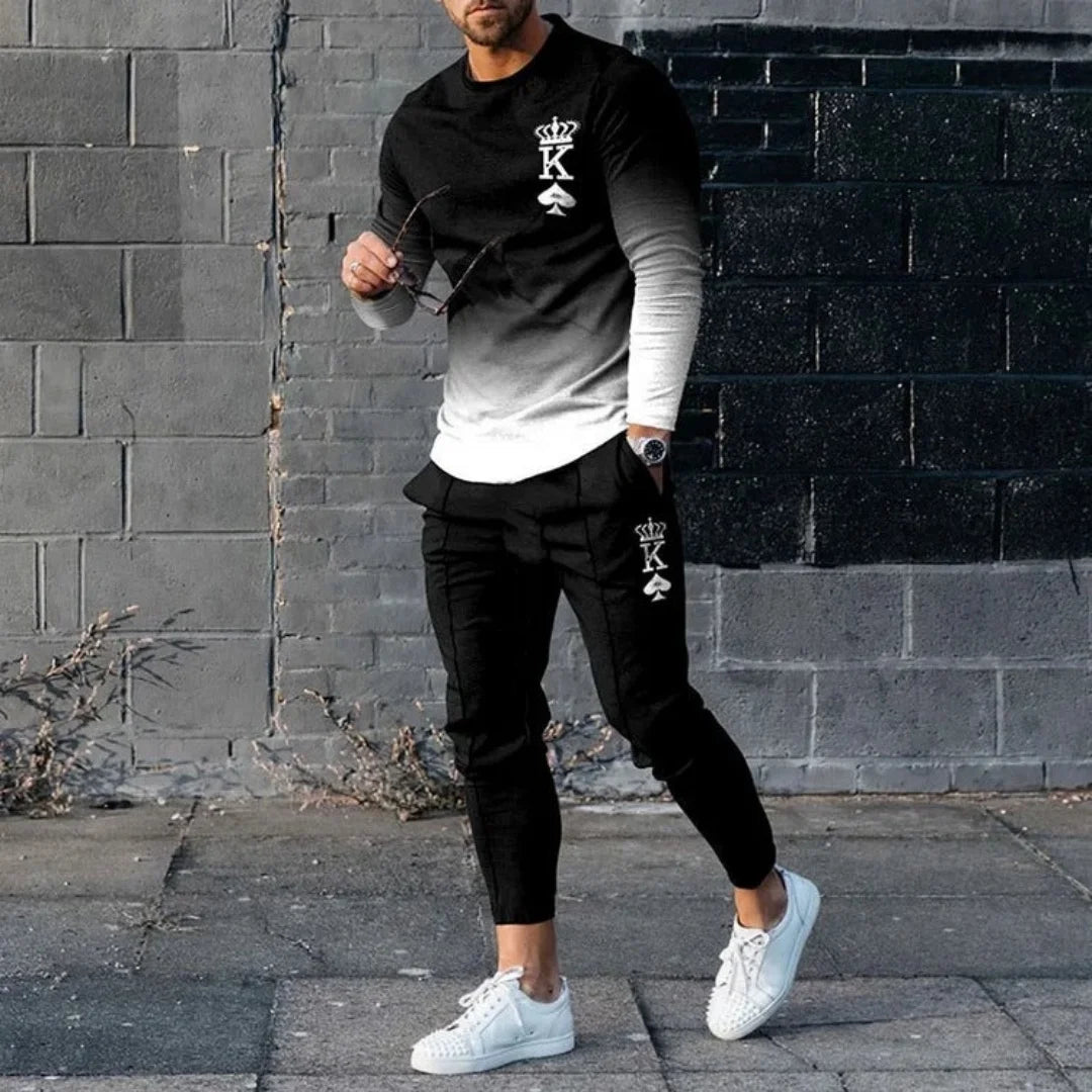 Men's Casual Print Round Neck T-Shirt and Pants Set