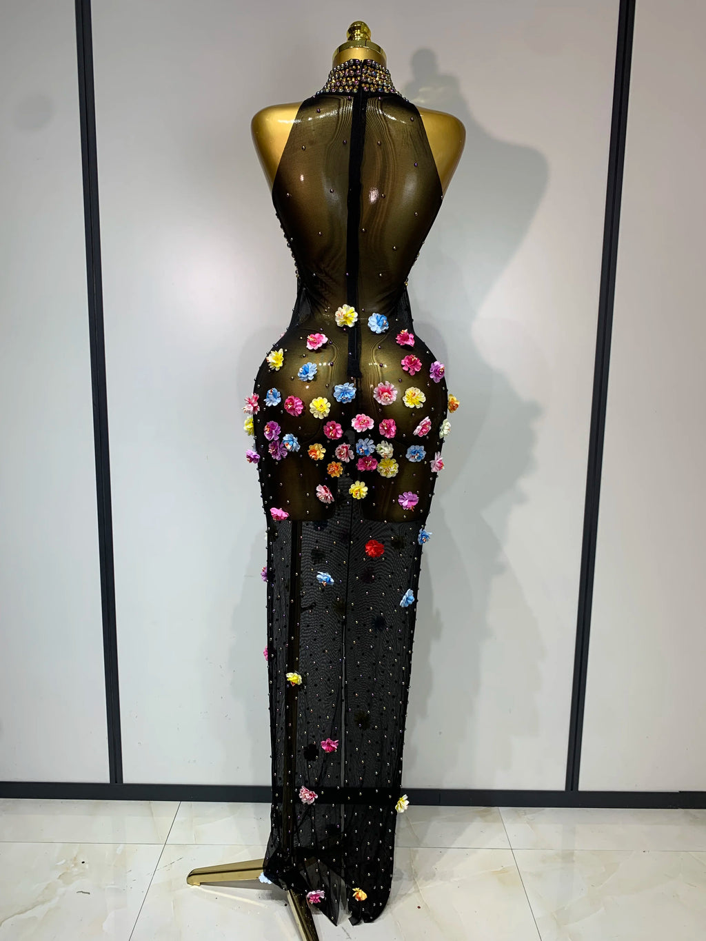 Women's Sexy Rhinestone Flower See Through Maxi Dress