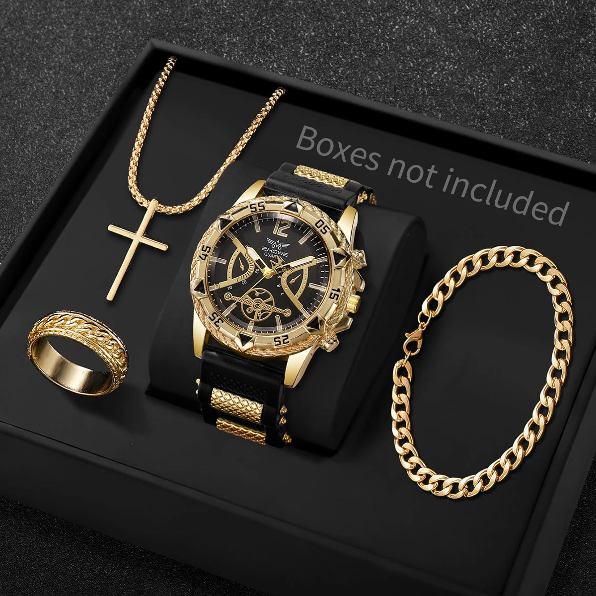 Men's Quartz Wristwatch and Jewelry Set 4-Piece Silicone Strap