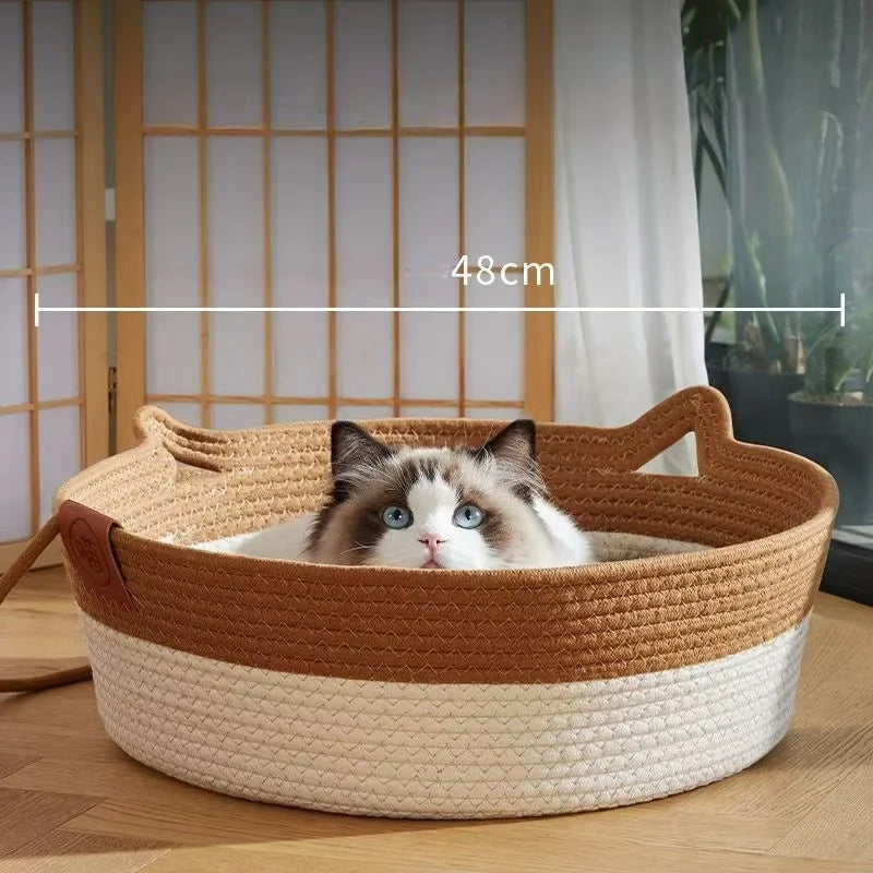 Handwoven Rattan Round Cat Bed Cooling Summer Basket with Cushion