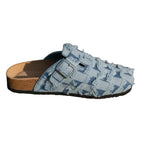 Women's Denim Flat Heel Buckle Slippers in Color-Blocked Design