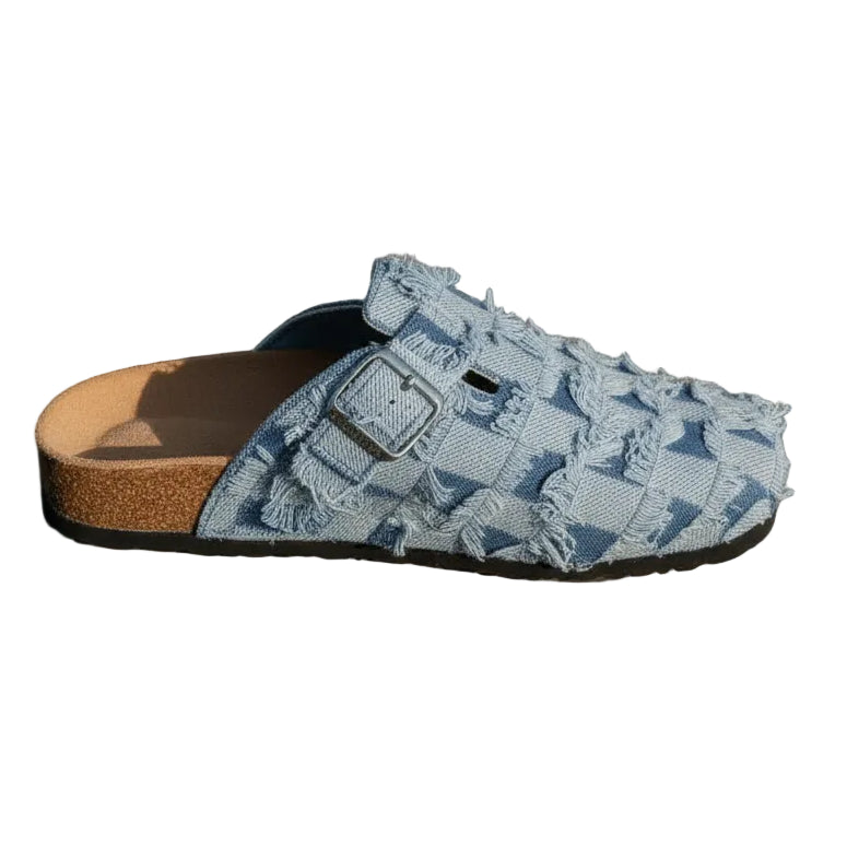 Women's Denim Flat Heel Buckle Slippers in Color-Blocked Design