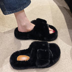 Women's Fluffy Open Toe Flat Slippers Suede Winter Warm