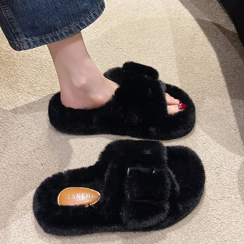 Women's Fluffy Open Toe Flat Slippers Suede Winter Warm