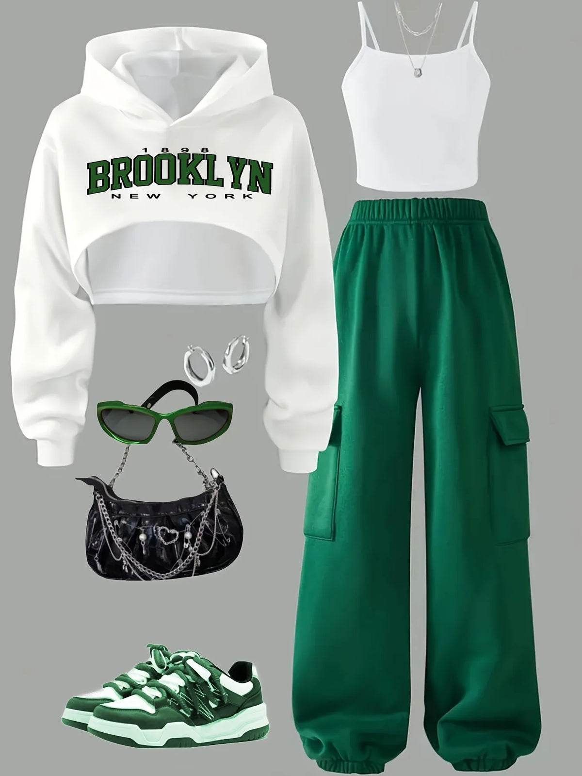 Girls' Brooklyn Print Cropped Hoodie Tank Pants Three-Piece Set