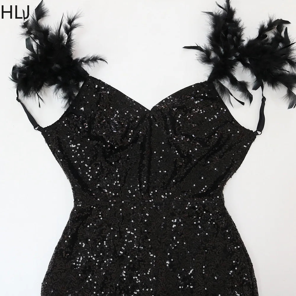 Women's Sequined Feather High Slit Backless Maxi Dress