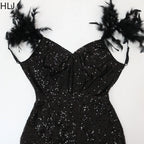 Women's Sequined Feather High Slit Backless Maxi Dress