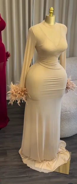 Women's Feather Ruched Long Sleeve Mermaid Maxi Dress