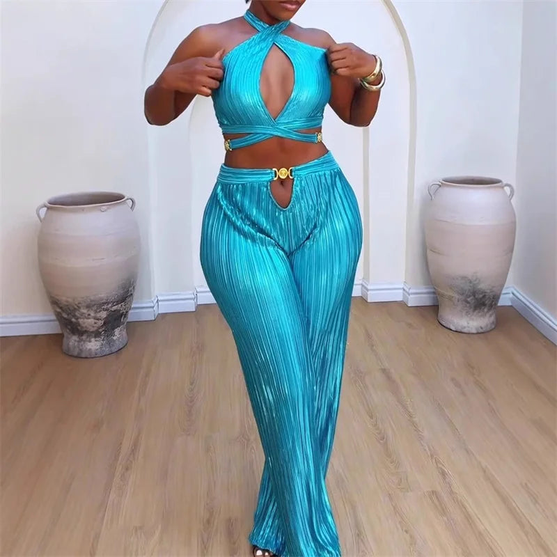 Women's Halter Bandage Crop Top Wide Leg Pants Set
