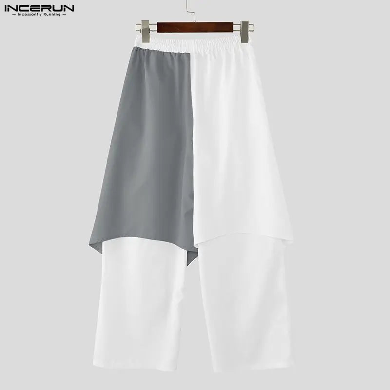 Men's Patchwork Jogger Pants Elastic Waist Wide Leg Trousers