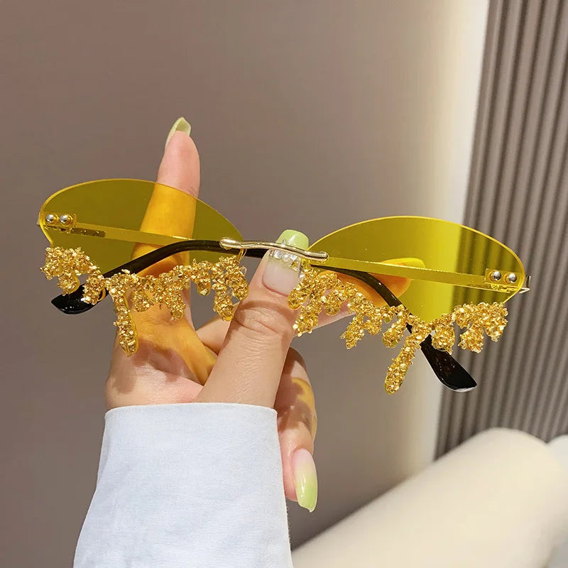 Rhinestone Rimless Sunglasses Women's Tear Drop Party Eyewear