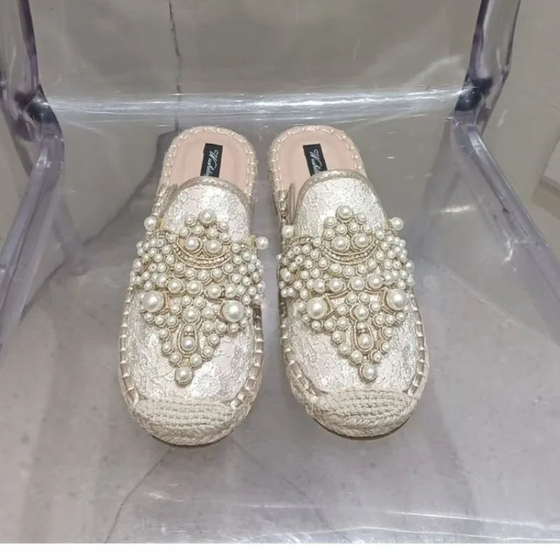 Women's String Bead Half Slippers Pearl Hemp Cotton Fabric Lace Slides