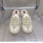 Women's String Bead Half Slippers Pearl Hemp Cotton Fabric Lace Slides