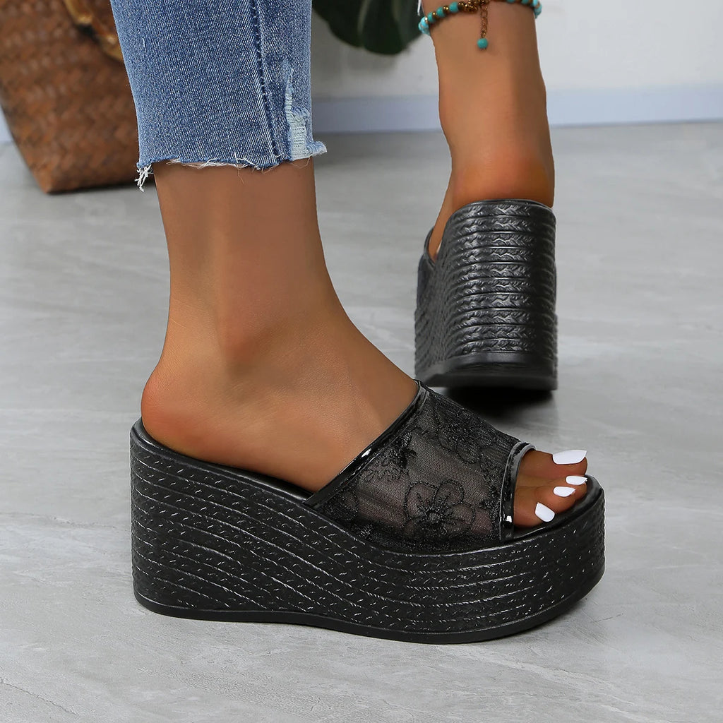 Women's Slip-On Wedge Platform Sandals with Floral Accents Black