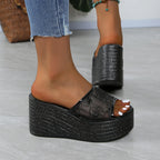 Women's Slip-On Wedge Platform Sandals with Floral Accents Black