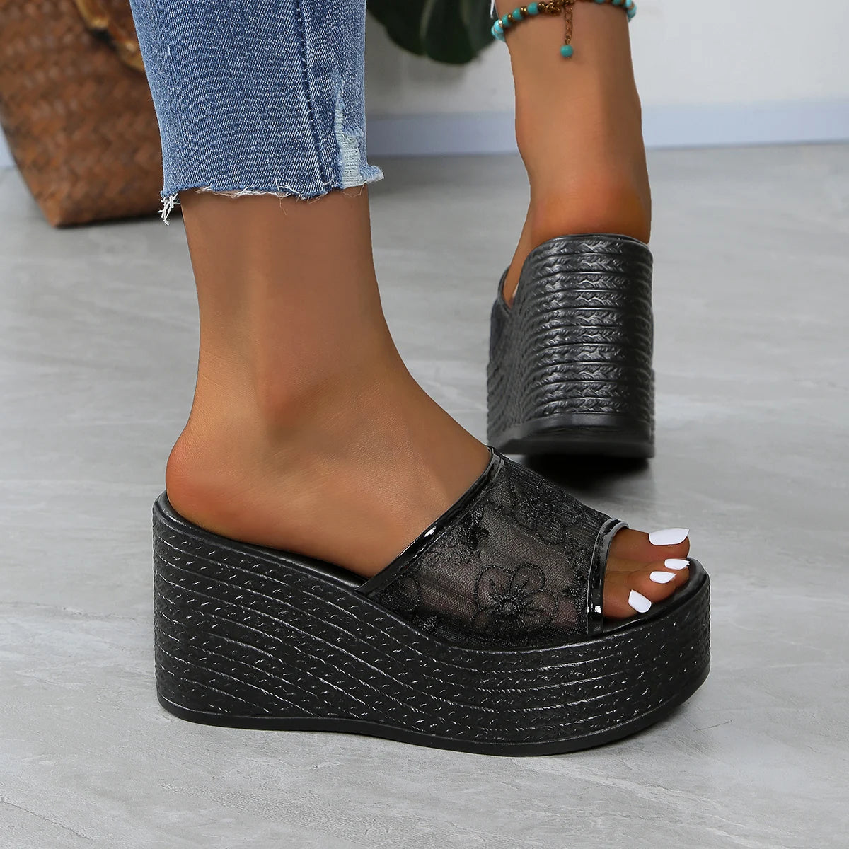 Women's Slip-On Wedge Platform Sandals with Floral Accents Black