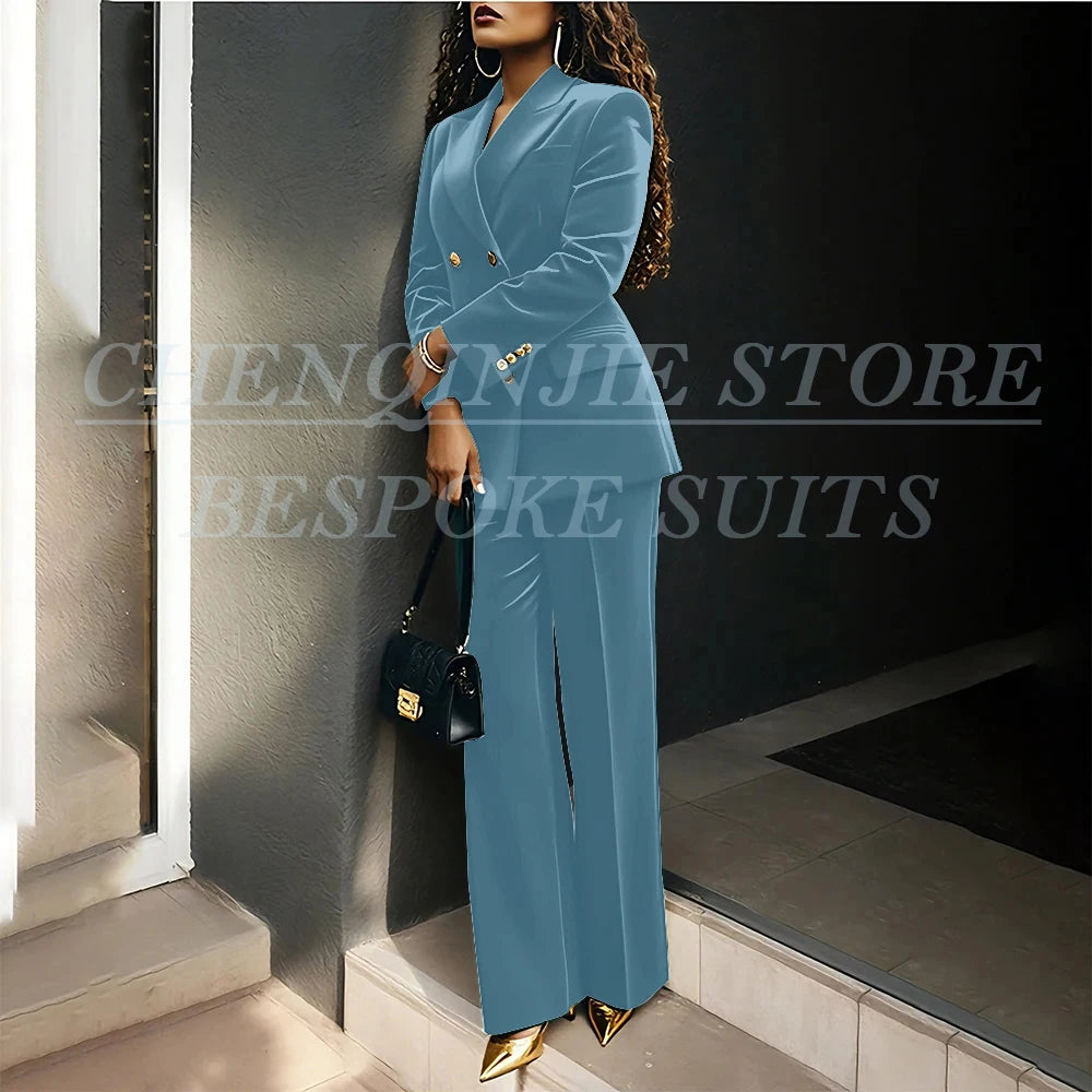 Women's Double Breasted Velvet Blazer Pants Suit