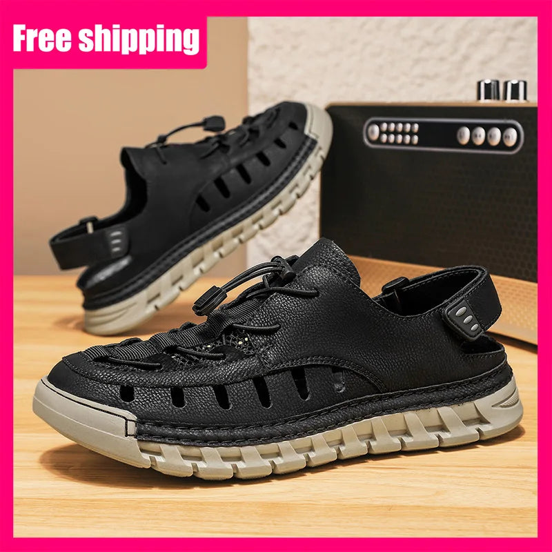 Men's Leather Breathable Outdoor Sandals Lightweight Elastic Strap Summer Beach