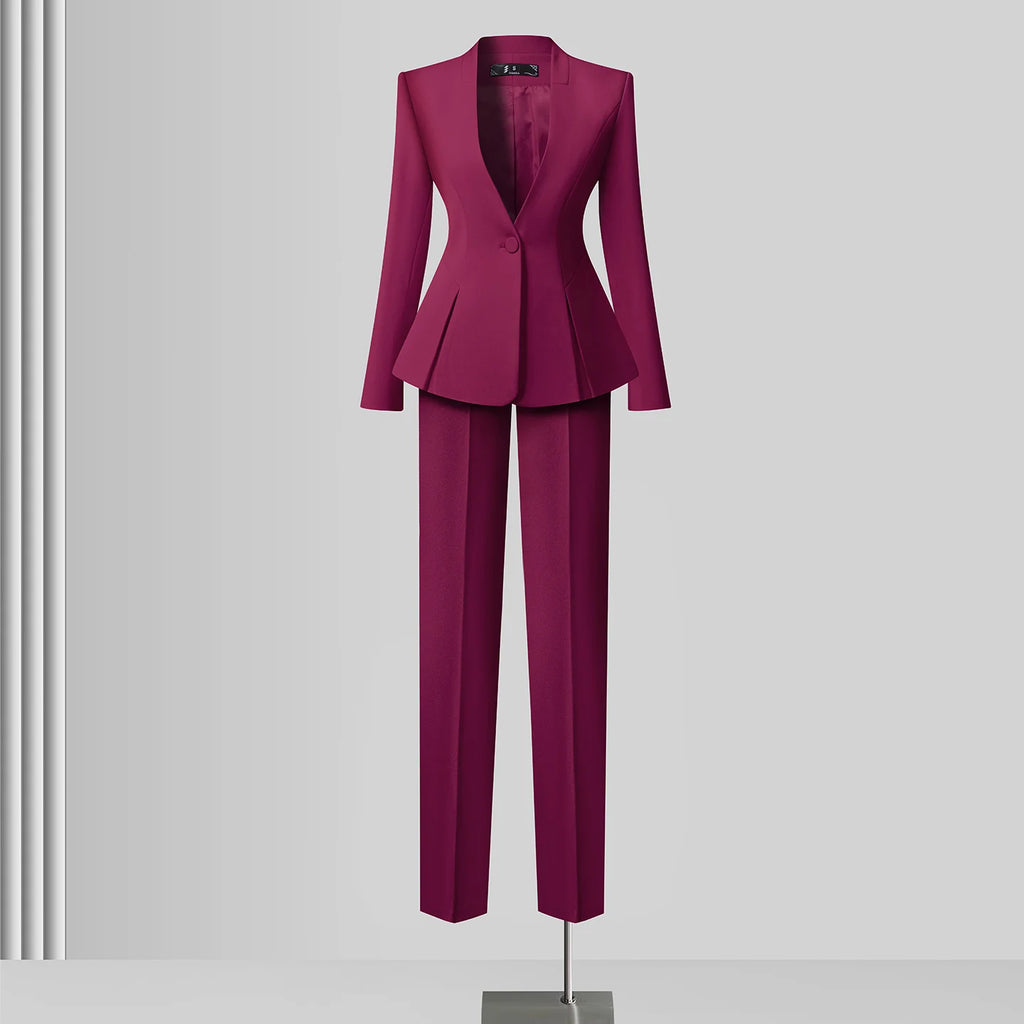 Women's Solid Long Sleeve Blazer Flare Pants Suit