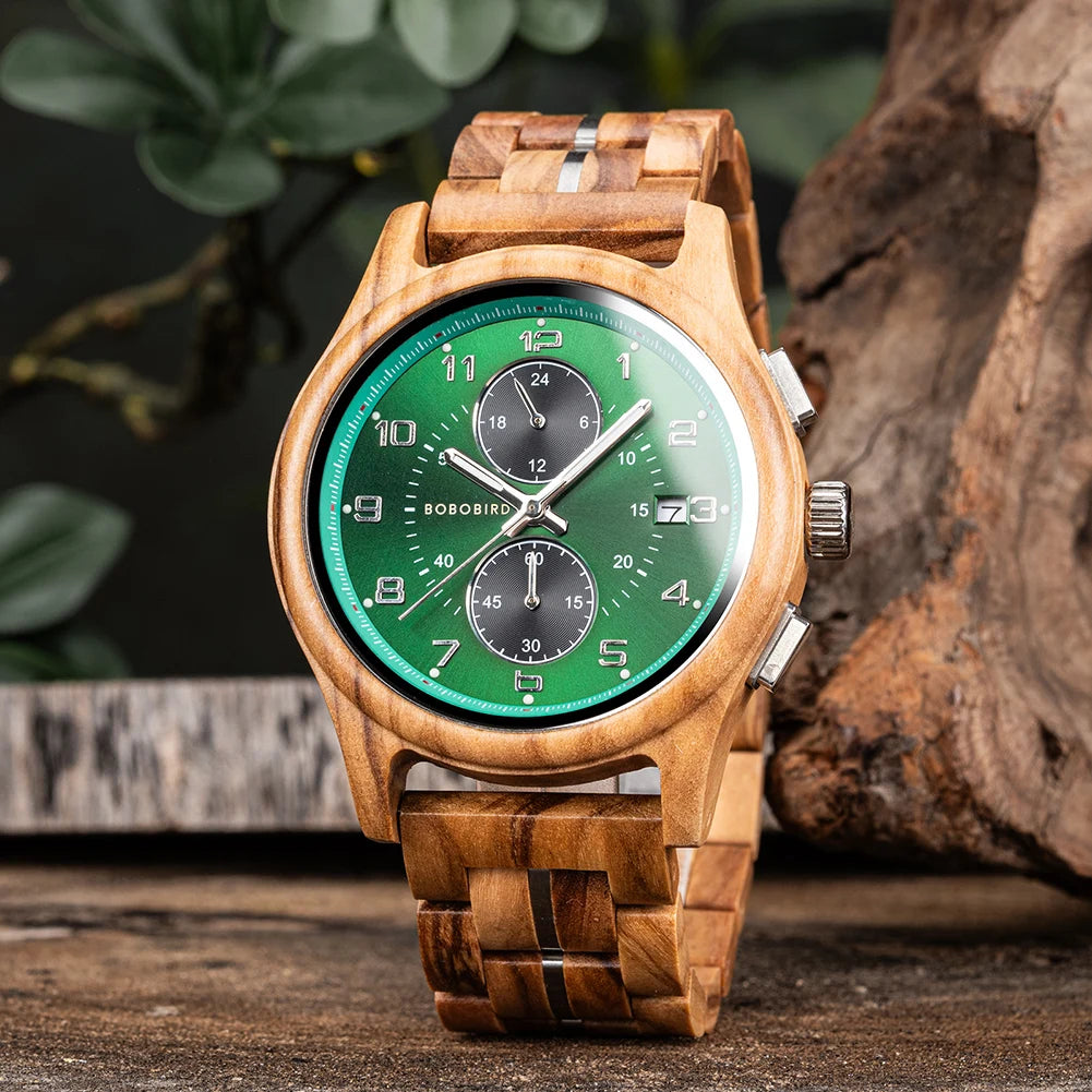 Men's Wooden Chronograph Watch with Luminous Hands and Gift Box