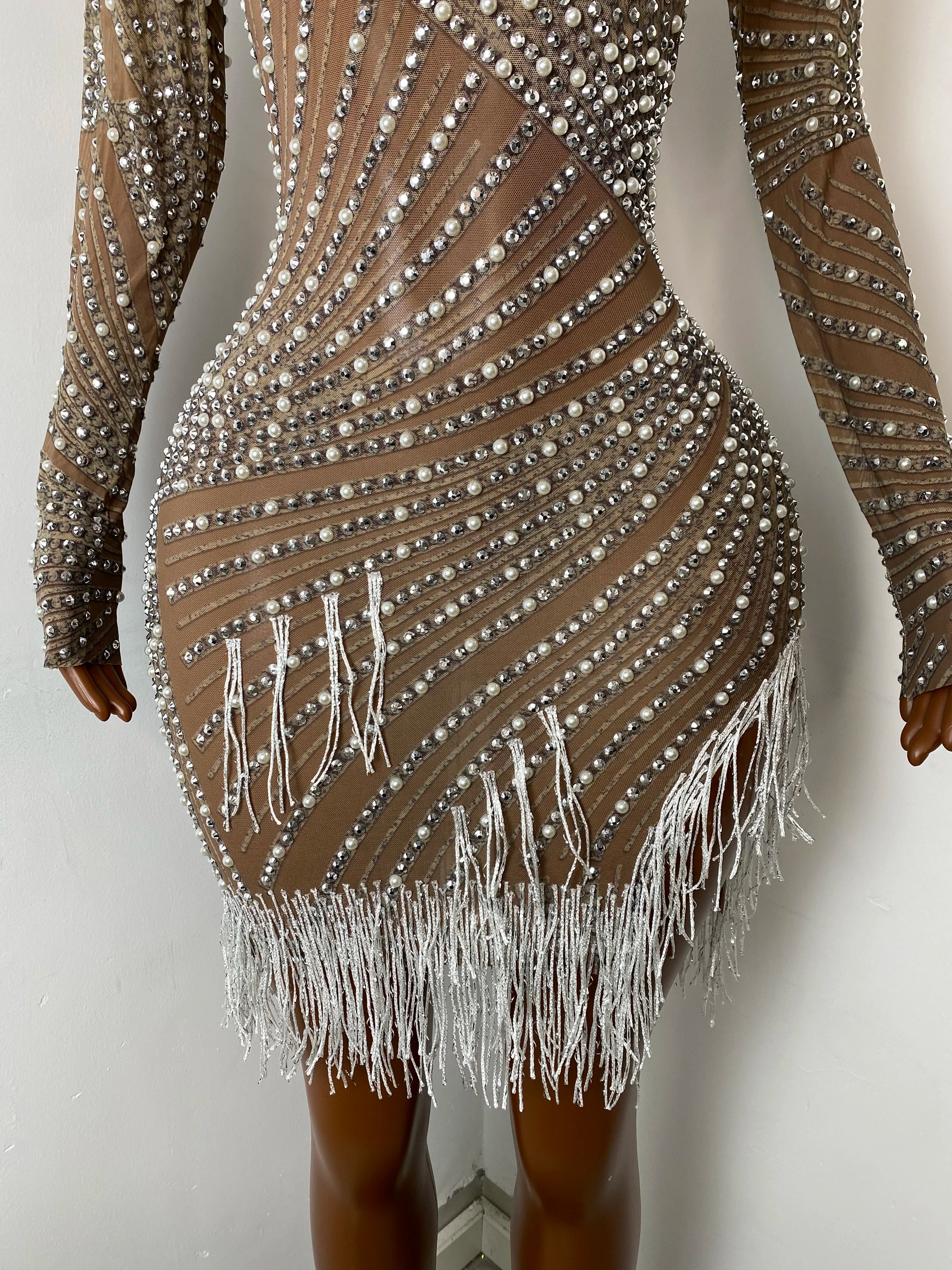 Women's Sexy Sequins Diamonds Tassel Bodycon Mini Dress