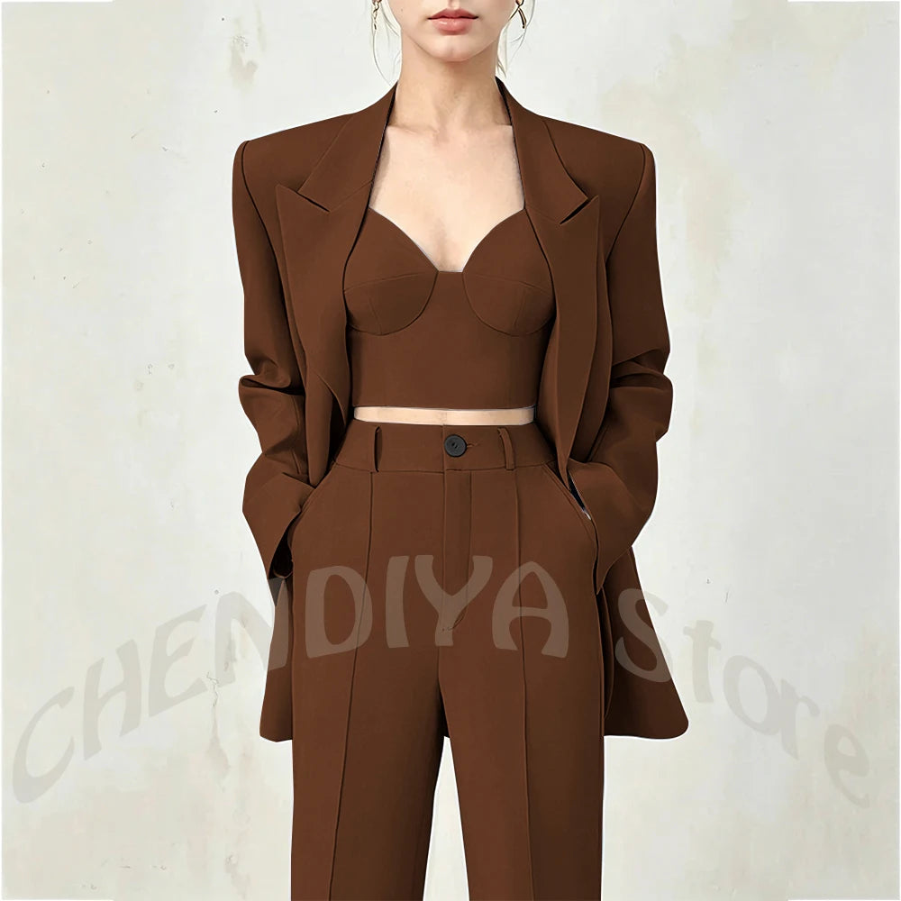 Women's Single Button Tailored Blazer and Pants Suit Set