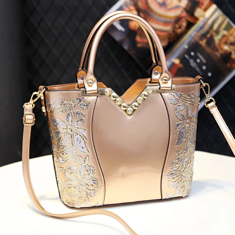 Women's Sequin Embroidered Patent Leather Shoulder Crossbody Bag