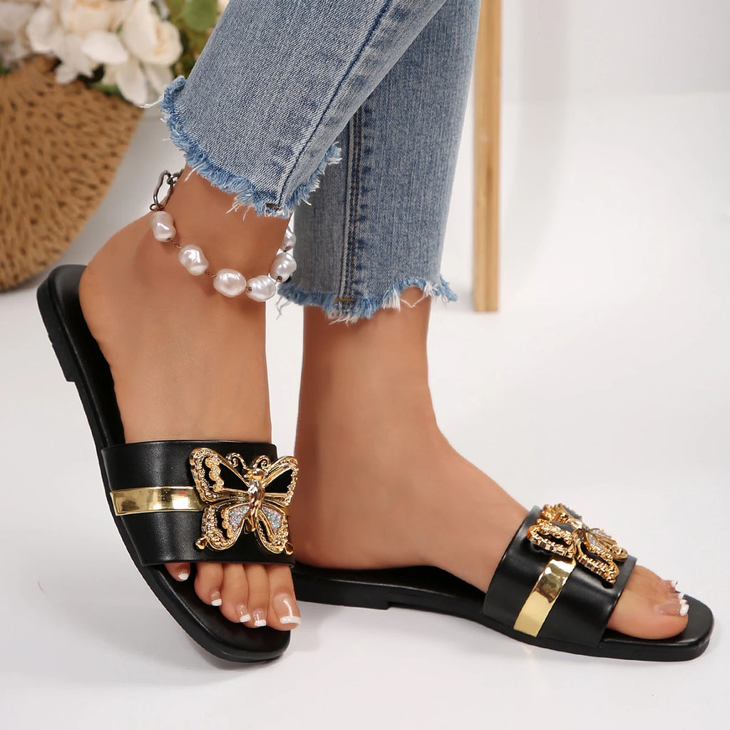 Women's Butterfly Embellished Open Toe Slides Casual Summer Sandals Black