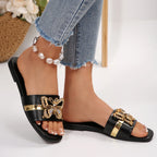 Women's Butterfly Embellished Open Toe Slides Casual Summer Sandals Black