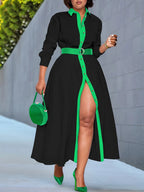 Women's Front-Tie Stand Collar Button Maxi Dress