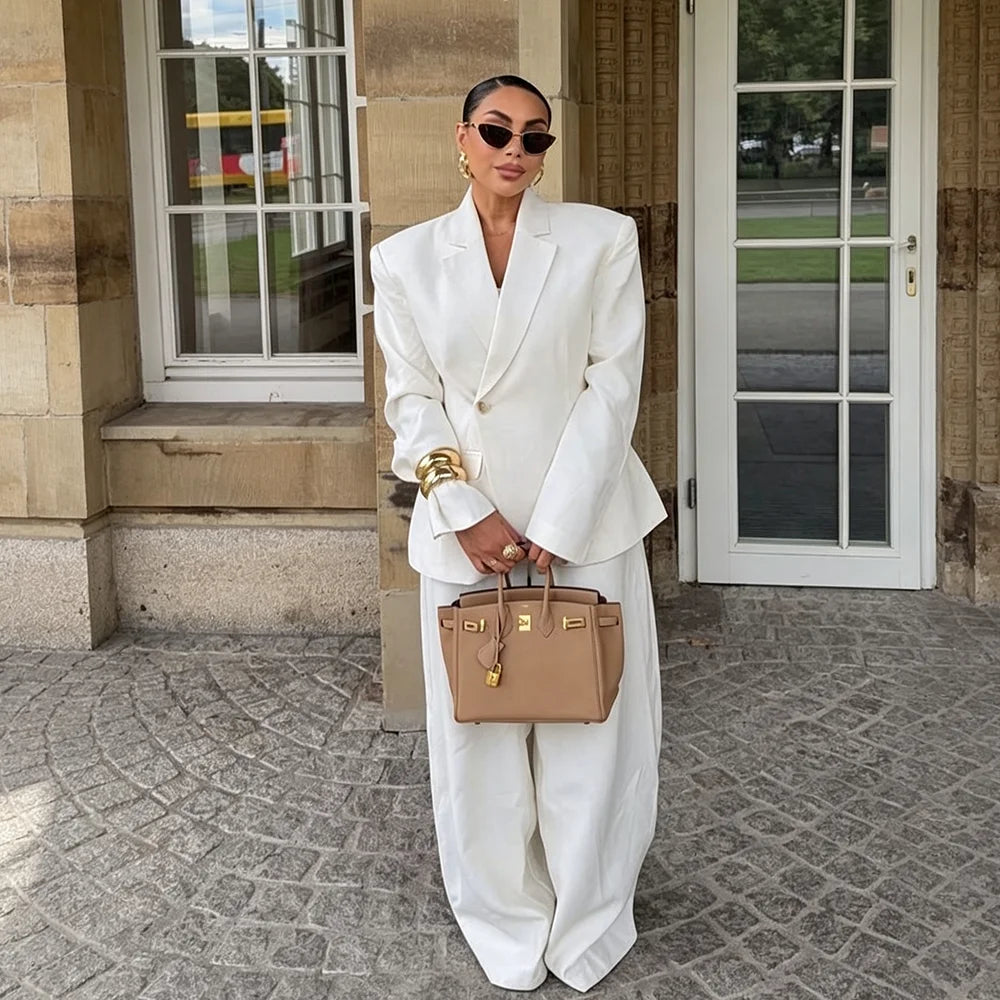 Women's Single Breasted Blazer Wide Leg Pants Suit
