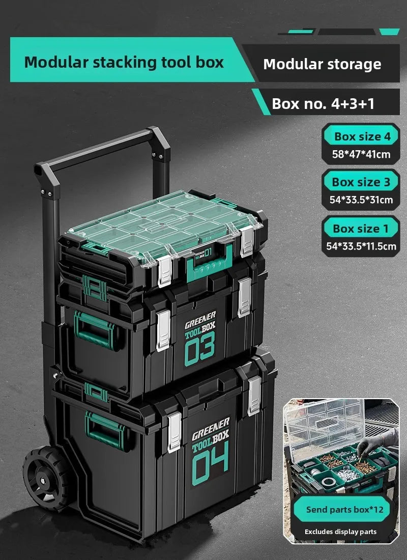 Rolling Toolbox with Pull Rod and Stacking Storage Box