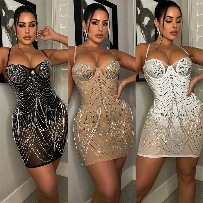 Women's Sexy Rhinestone Tassel Mesh Mini Dress