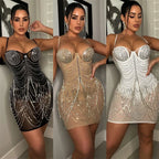 Women's Sexy Rhinestone Tassel Mesh Mini Dress