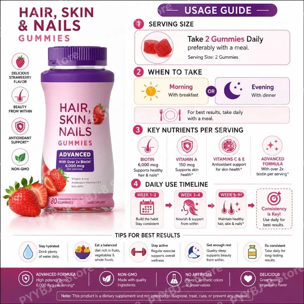 Biotin 6000mcg Strawberry Hair Skin and Nails Gummies 80 Count