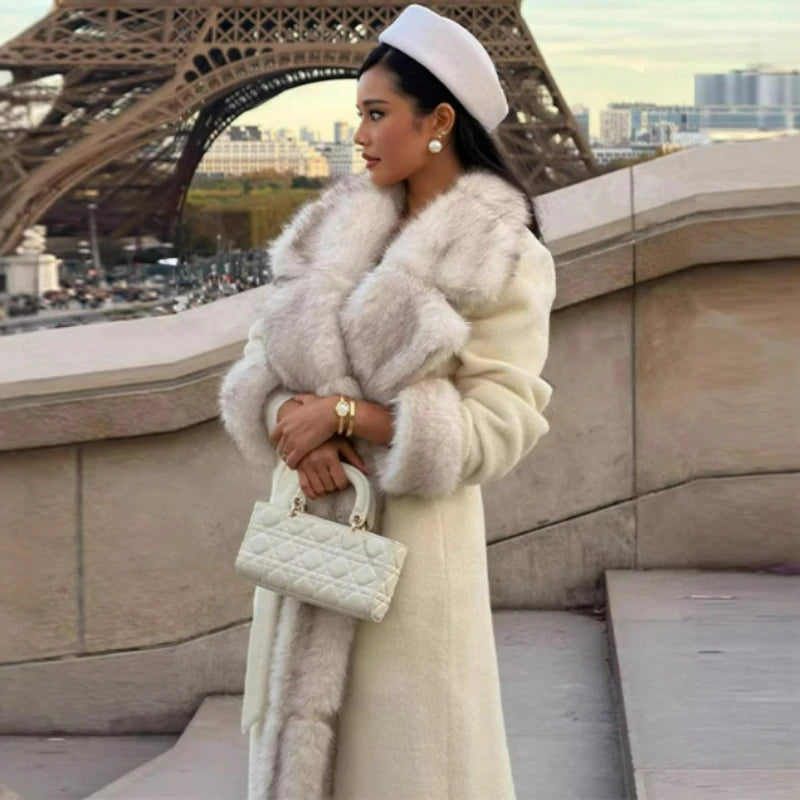 Women's Thick Warm Fur Collar Lace-Up Long Coat CR25122623