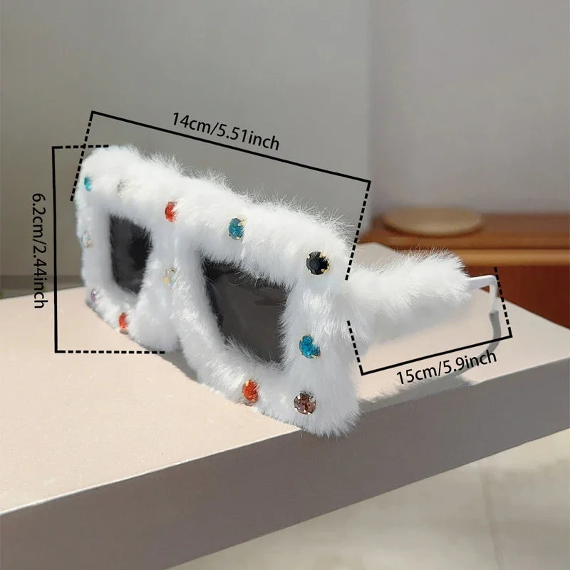 Women's Trendy Furry Rhinestone Square Oversized Sunglasses