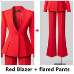Women's Solid Long Sleeve Blazer Flare Pants Suit