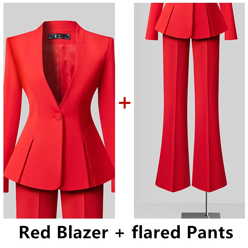 Women's Solid Long Sleeve Blazer Flare Pants Suit