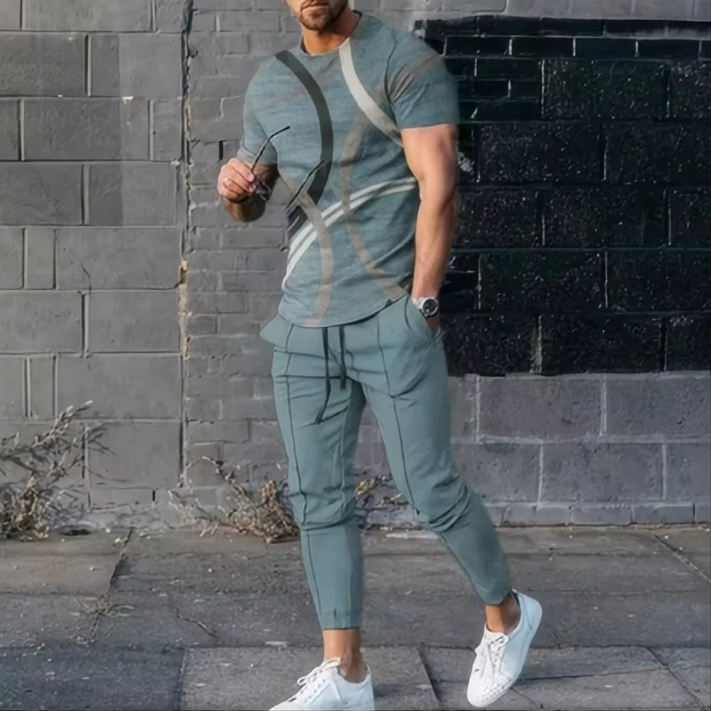 Men's Casual 3D Print T-Shirt and Pants Suit Set