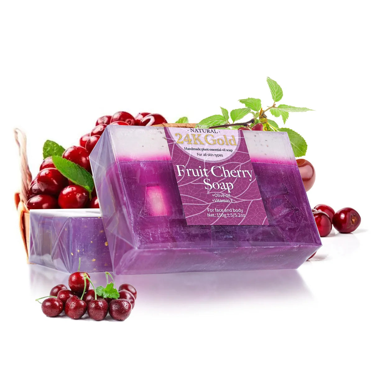 Unisex 24K Gold Cherry Essential Oil Cleansing Soap Bar 5.3 oz