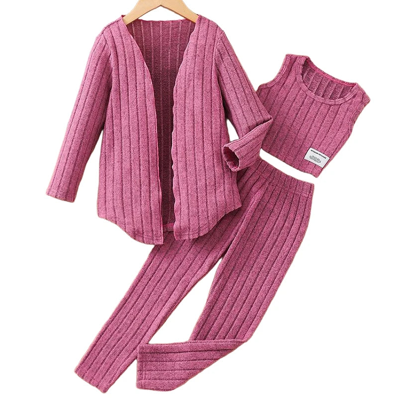 Girls' Knitted Long Sleeve Coat Long Pants Three-Piece Set T4855OBMDD