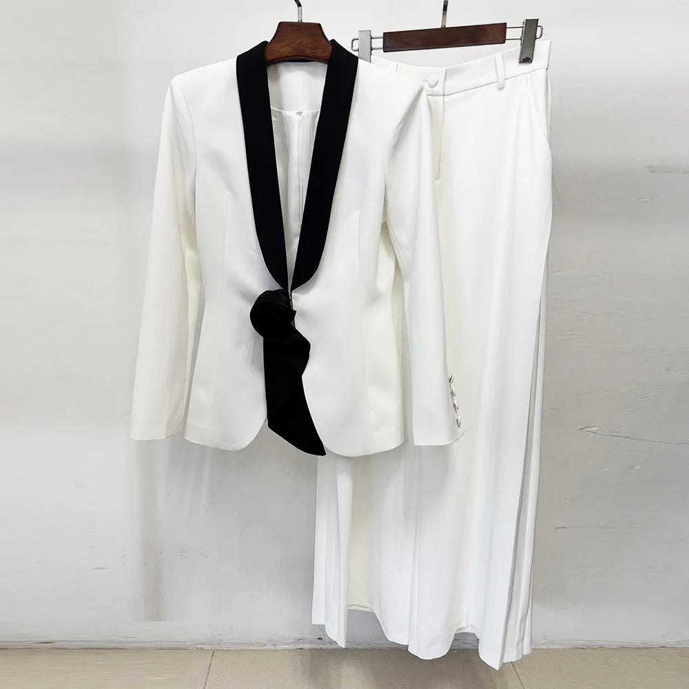 Women's 3D Flower Ribbon Blazer Straight Pants Suit