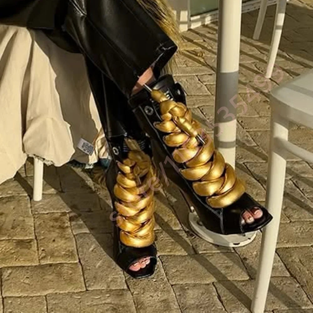 Women's Patchwork Slouchy Heeled Ankle Boots Open Toe Stiletto Lacing