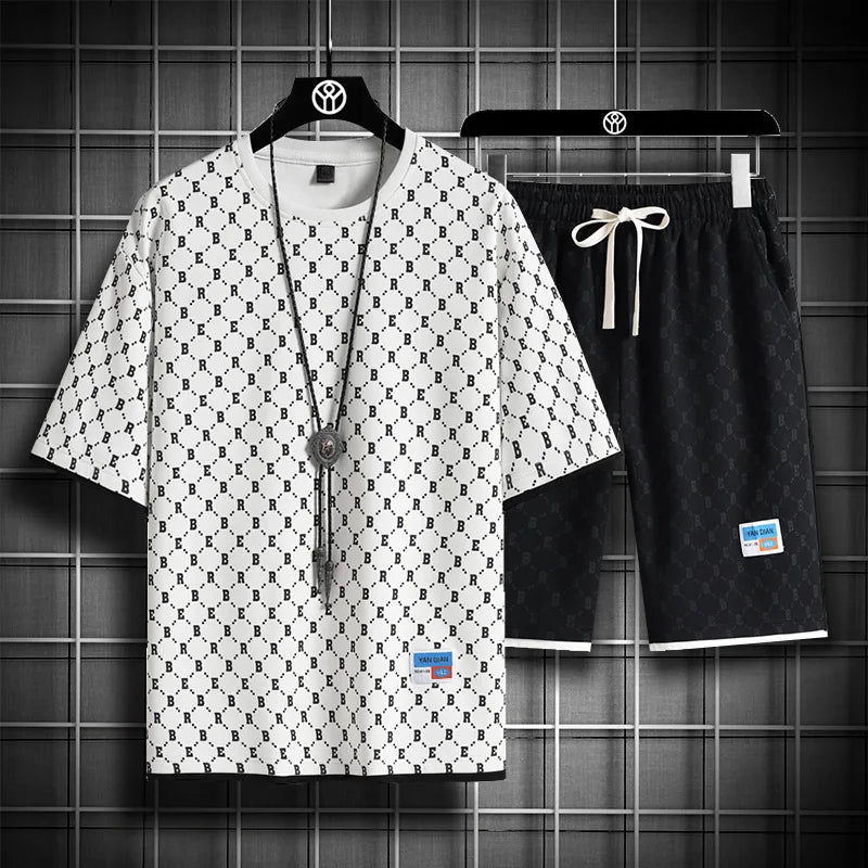 Men's Casual Checkered Shirt and Shorts Two Piece Set