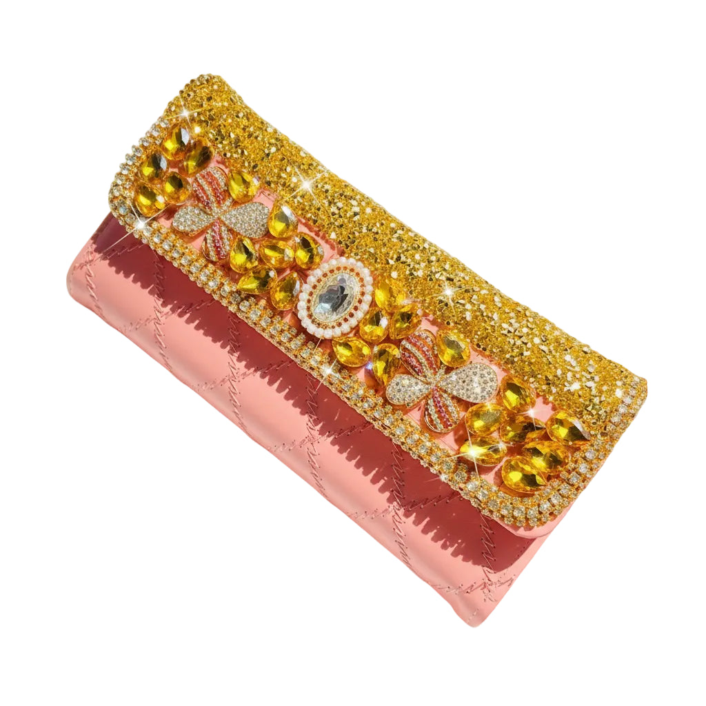 Sparkling Rhinestone Women's Evening Wallet Floral Pattern Pink
