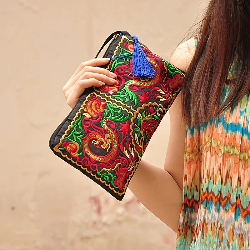 Vintage Embroidered Ethnic Style Long Wallet Wristlet Clutch Bag